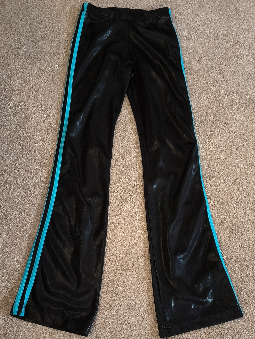 GK Elite Shimmery Glossy Black Coated Track/Joggers. Turquoise Side Stripes. XS
